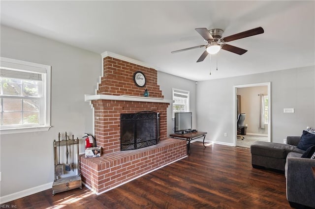 78 Kendall Dr, Newport News, VA 23601 - living area featuring wood finished floors, a brick fireplace, a ceiling fan, and baseboards