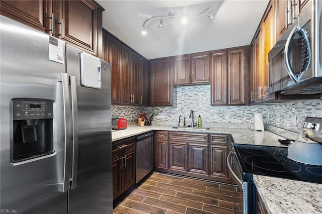 78 Kendall Dr, Newport News, VA 23601 - kitchen with dark wood-style flooring, decorative backsplash, stainless steel appliances, and a sink