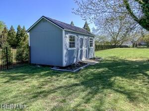 view of shed with a fenced backyard