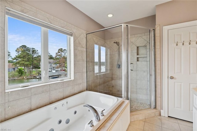 89 Sandy Bay Dr, Poquoson, VA 23662 - full bathroom with a shower stall, a water view, a jetted tub, tile patterned flooring, and recessed lighting