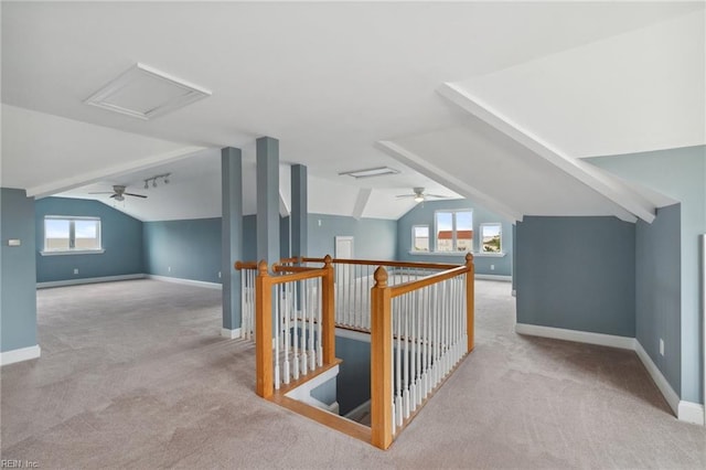 89 Sandy Bay Dr, Poquoson, VA 23662 - additional living space featuring lofted ceiling with beams, baseboards, a ceiling fan, and carpet flooring