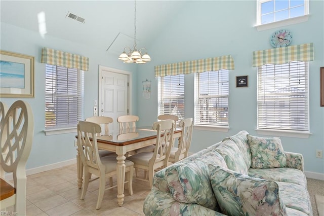 206 E Palmetto St, Kill Devil Hills, NC 27948 - dining space featuring an inviting chandelier, visible vents, light tile patterned flooring, lofted ceiling, and baseboards