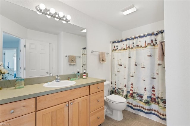 206 E Palmetto St, Kill Devil Hills, NC 27948 - full bathroom with toilet, shower / bathtub combination with curtain, tile patterned flooring, and vanity