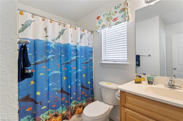 206 E Palmetto St, Kill Devil Hills, NC 27948 - bathroom featuring curtained shower, vanity, and toilet