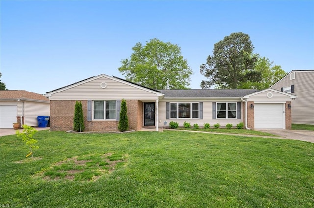 ranch-style house featuring brick siding, driveway, a front lawn, and a garage