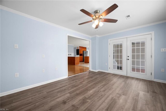 unfurnished living room featuring french doors, visible vents, dark wood-type flooring, and a ceiling fan