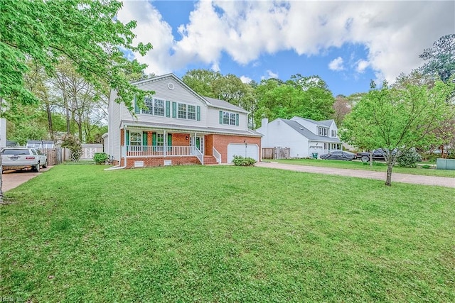 view of front of property featuring concrete driveway, covered porch, fence, a front yard, and a garage