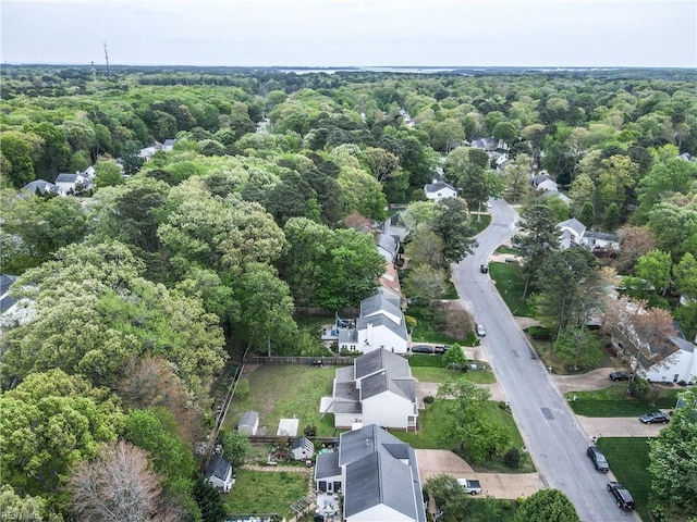 birds eye view of property with a residential view and a wooded view