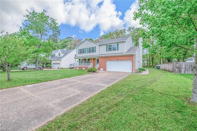 view of front of house featuring driveway, a chimney, fence, brick siding, and an attached garage