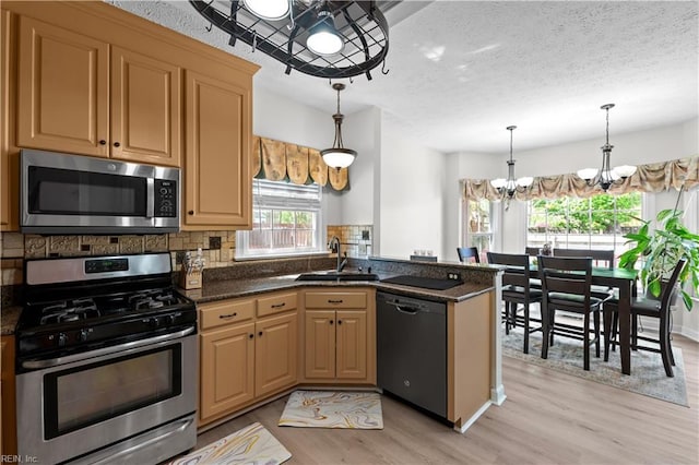 kitchen with stainless steel appliances, a sink, an inviting chandelier, light wood-style floors, and decorative backsplash
