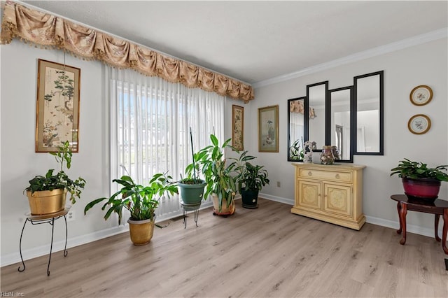 sitting room featuring baseboards, ornamental molding, and light wood-type flooring