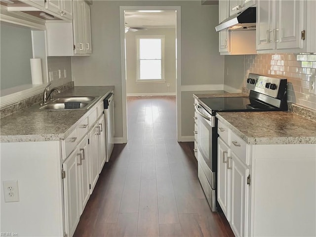 kitchen with under cabinet range hood, stainless steel appliances, a sink, tasteful backsplash, and ceiling fan