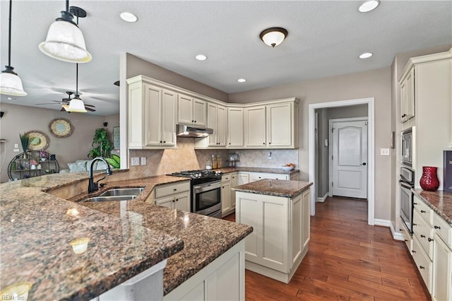 kitchen featuring under cabinet range hood, dark stone countertops, stainless steel appliances, a sink, and a peninsula