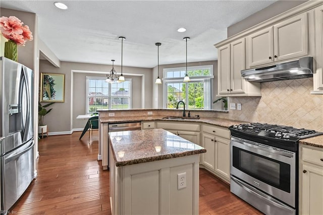 kitchen with a peninsula, a sink, decorative backsplash, under cabinet range hood, and appliances with stainless steel finishes