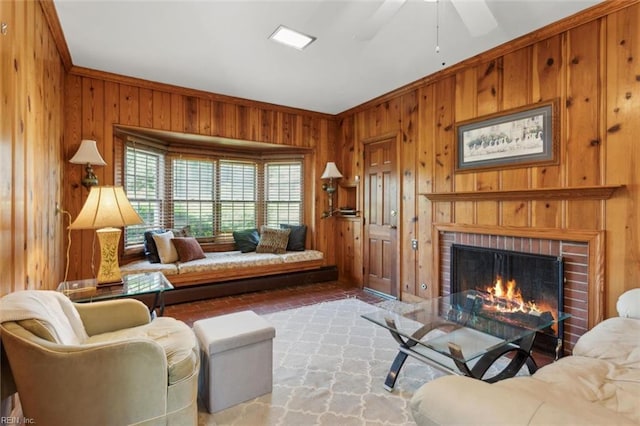 24 Holly Dr, Newport News, VA 23601 - living room featuring ceiling fan, wood walls, and a fireplace