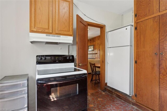 24 Holly Dr, Newport News, VA 23601 - kitchen with under cabinet range hood, freestanding refrigerator, and electric stove