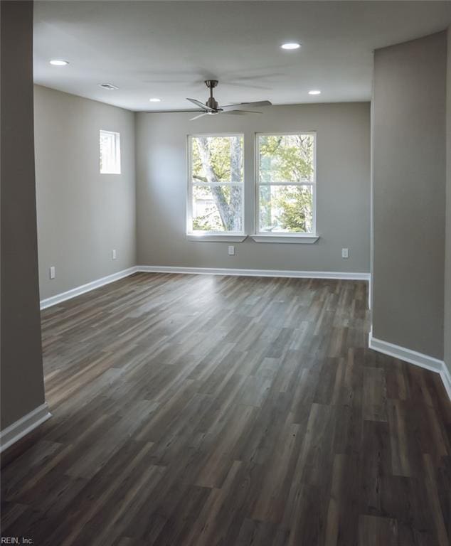 404 Hogart St, Franklin, VA 23851 - empty room featuring recessed lighting, baseboards, ceiling fan, and dark wood-style floors