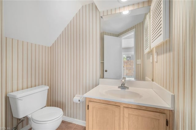 5201 Bardith Cir, Virginia Beach, VA 23455 - bathroom with wallpapered walls, toilet, tile patterned flooring, vanity, and baseboards