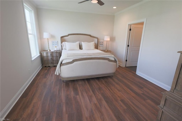 bedroom with a ceiling fan, crown molding, wood finished floors, baseboards, and recessed lighting