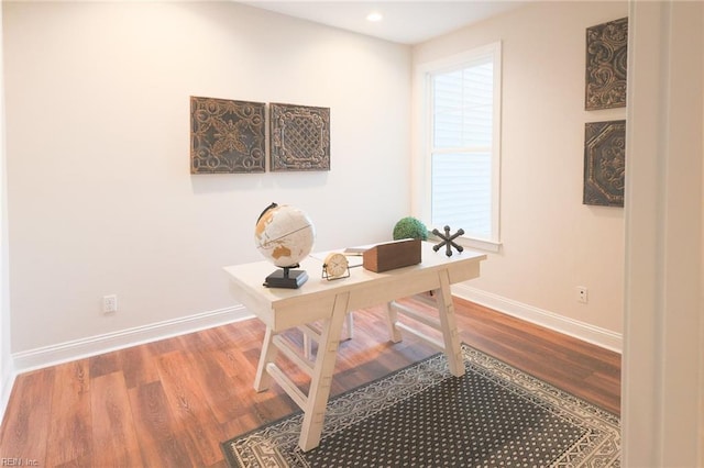 home office with wood finished floors, baseboards, and recessed lighting