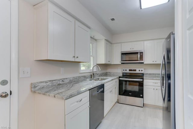 kitchen featuring light stone counters, a sink, stainless steel appliances, white cabinets, and visible vents