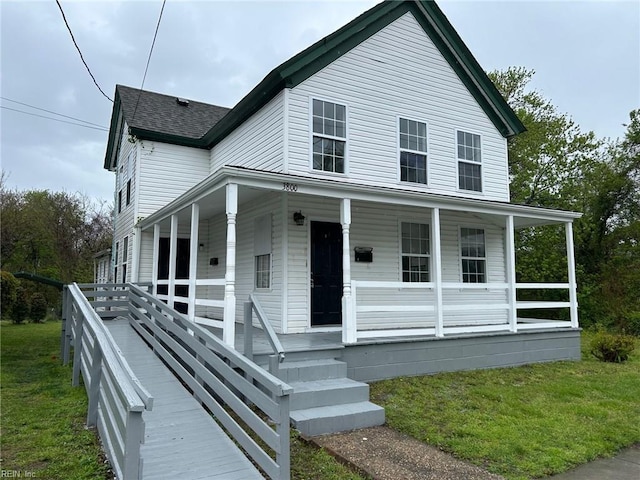 3800 Victoria Blvd, Hampton, VA 23669 - farmhouse inspired home featuring covered porch, a front yard, and roof with shingles