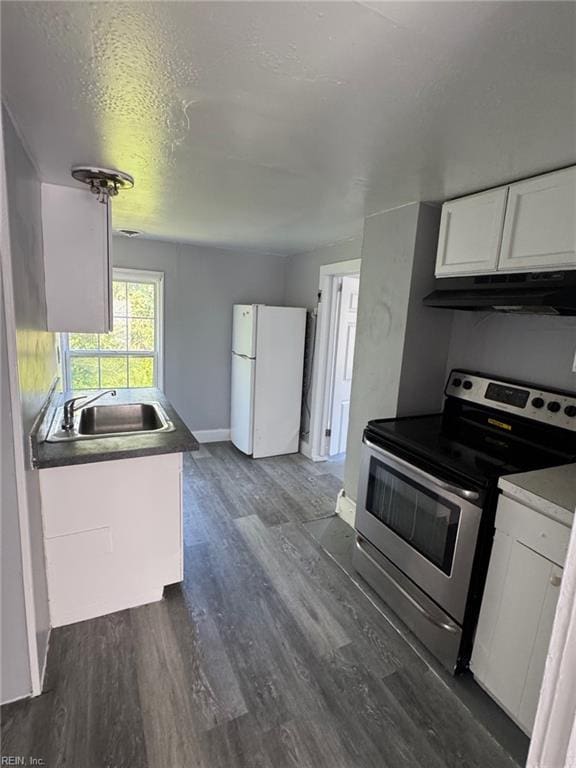 3800 Victoria Blvd, Hampton, VA 23669 - kitchen featuring electric stove, a sink, white cabinetry, under cabinet range hood, and freestanding refrigerator