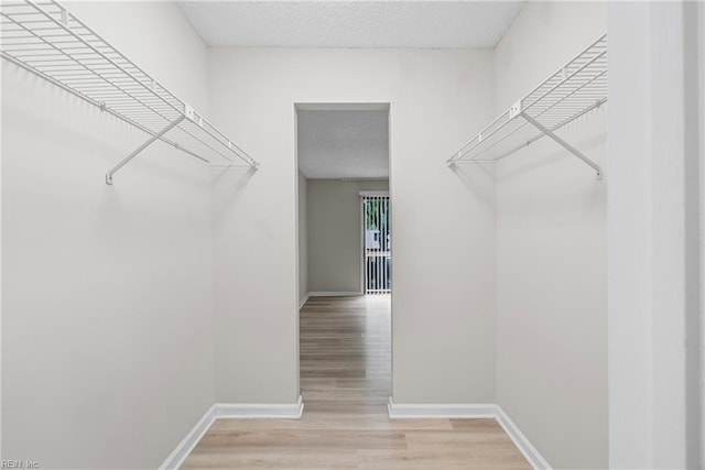 walk in closet with light wood-style floors