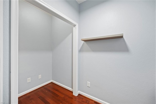 walk in closet with dark wood finished floors