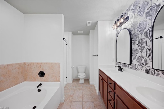 full bathroom featuring a bath, baseboards, a sink, and double vanity