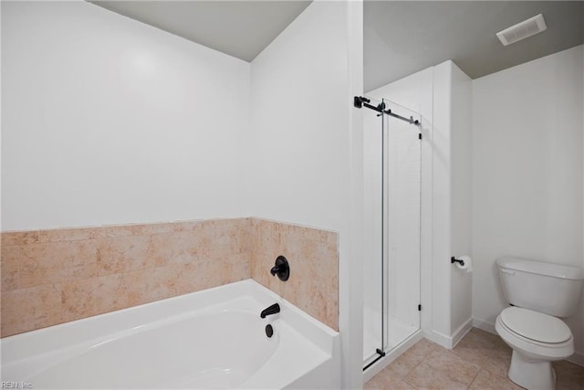 bathroom with a bath, visible vents, toilet, and a stall shower