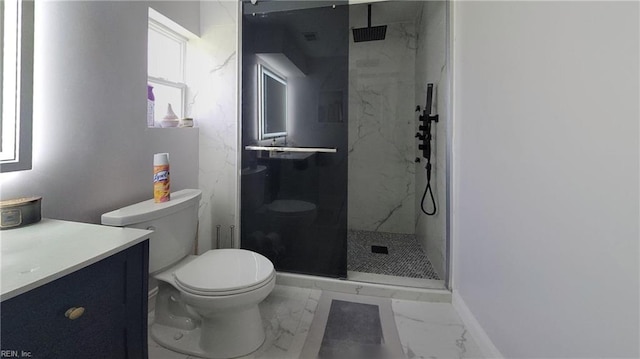 7045 Doummar Dr, Norfolk, VA 23518 - bathroom with marble look tiles, a marble finish shower, toilet, vanity, and baseboards