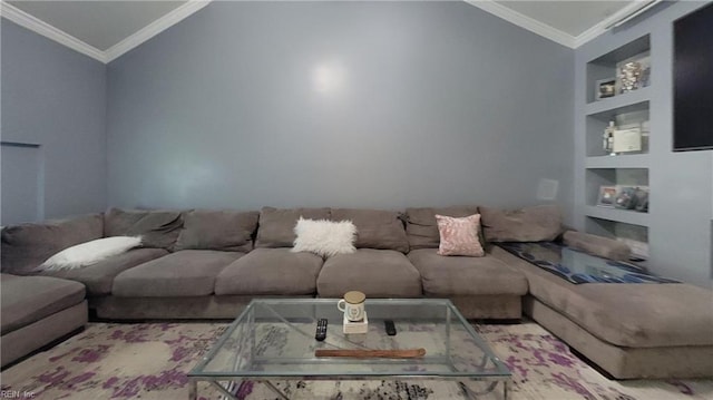7045 Doummar Dr, Norfolk, VA 23518 - living area with ornamental molding, built in features, and vaulted ceiling