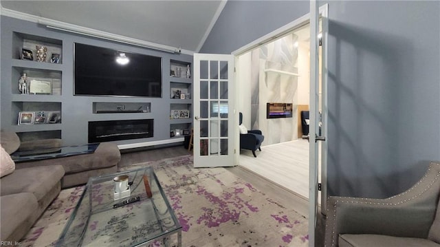 7045 Doummar Dr, Norfolk, VA 23518 - living room with lofted ceiling, built in shelves, wood finished floors, crown molding, and french doors