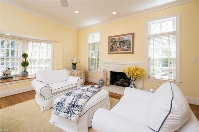 living room featuring recessed lighting, a fireplace with raised hearth, wood finished floors, ornamental molding, and baseboards