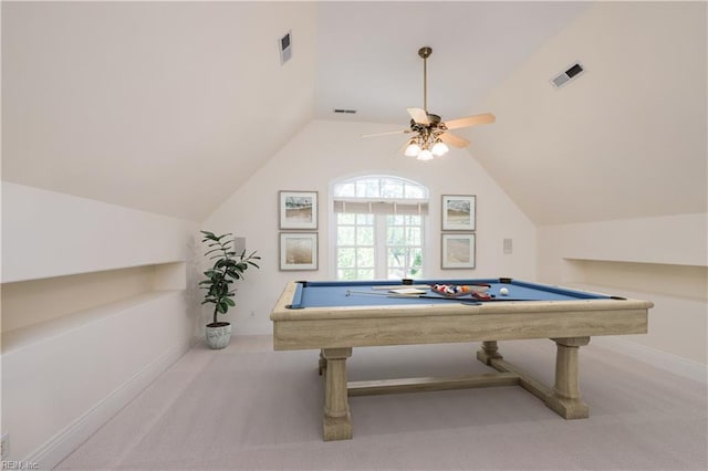 rec room featuring vaulted ceiling, billiards, visible vents, and carpet