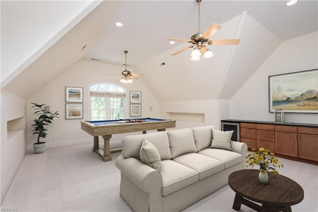 recreation room featuring vaulted ceiling, pool table, recessed lighting, and ceiling fan