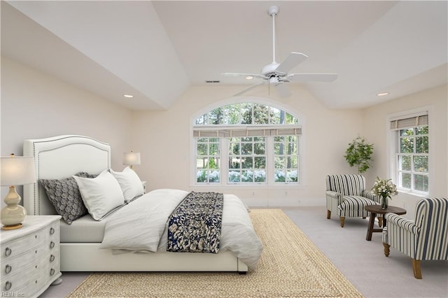 bedroom with recessed lighting, lofted ceiling, a ceiling fan, light carpet, and baseboards