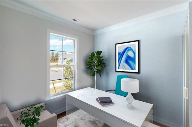 office featuring baseboards, visible vents, a wealth of natural light, and crown molding