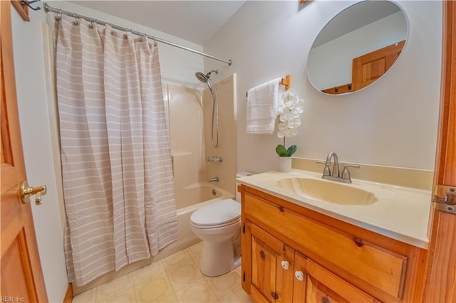 bathroom featuring toilet, vanity, and shower / bathtub combination with curtain