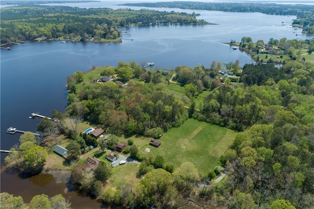 bird's eye view featuring a water view and a wooded view