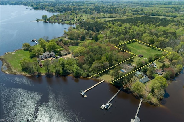 bird's eye view with a forest view and a water view