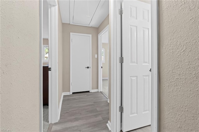 corridor with attic access, a textured wall, baseboards, and wood finished floors