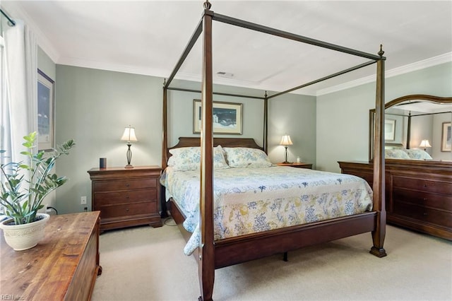 carpeted bedroom featuring ornamental molding
