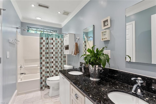 full bathroom with ornamental molding, a sink, and visible vents
