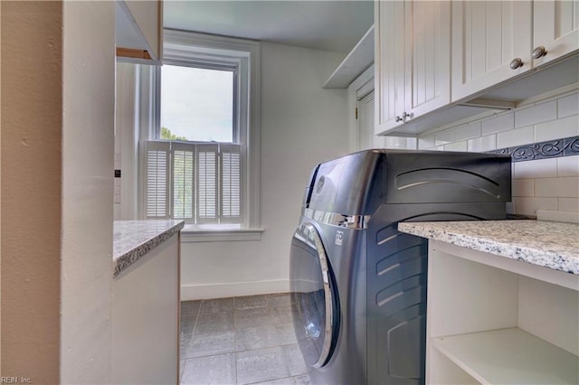 3719 Granby St Unit C-3, Norfolk, VA 23504 - laundry area featuring baseboards, cabinet space, light tile patterned floors, and washer / dryer