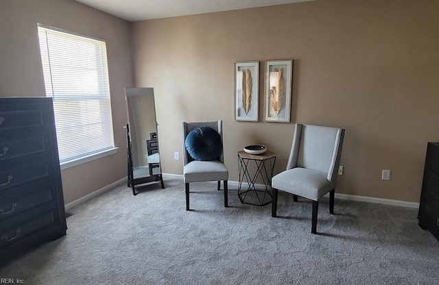 living area featuring carpet and baseboards