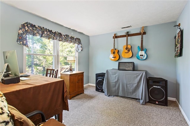 office area with light colored carpet, baseboards, and visible vents