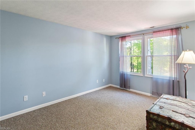 carpeted spare room with baseboards and a textured ceiling