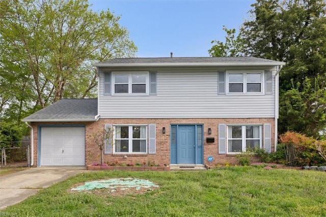 423 Galveston Ct, Hampton, VA 23669 - view of front of house featuring a front lawn, driveway, fence, a garage, and brick siding